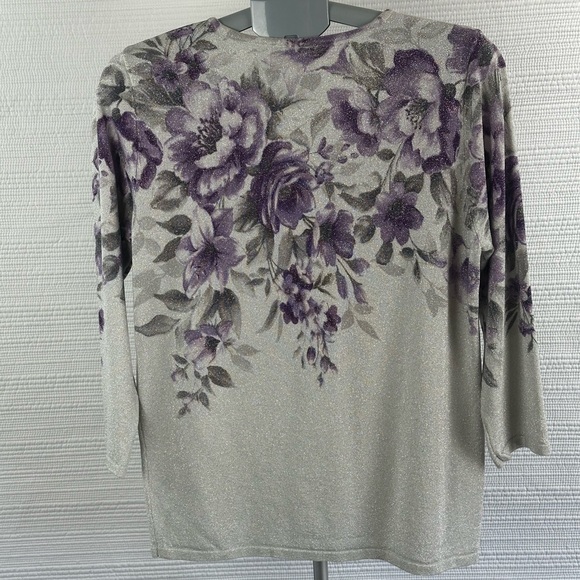 Women’s Floral Glitter Knit Top with Embellished Neckline - Purple/Gray - Picture 13 of 16
